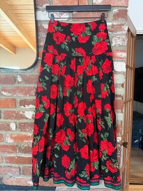 Vintage Black Floral Maxi Skirt with Red Rose Print